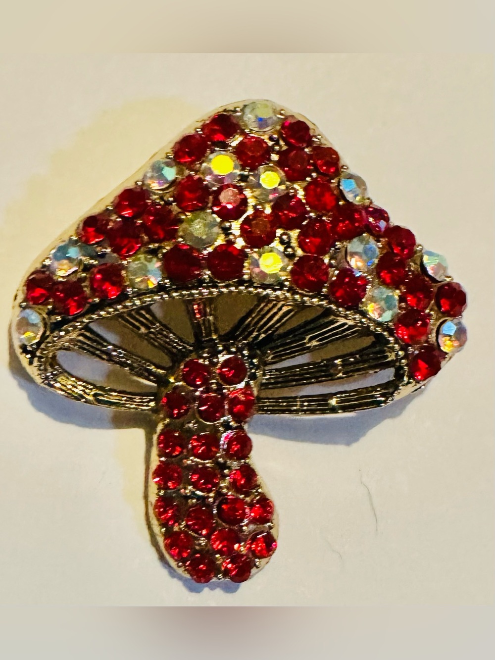 Red and Iridescent Crystal Mushroom Brooch - Gold Tone